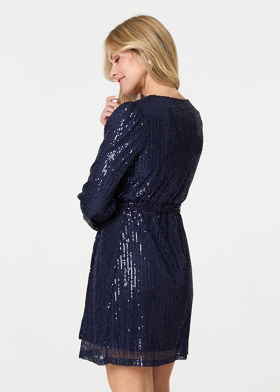 Izabel London Blue Sparkly Sequin Long Sleeve Mini Wrap Dress