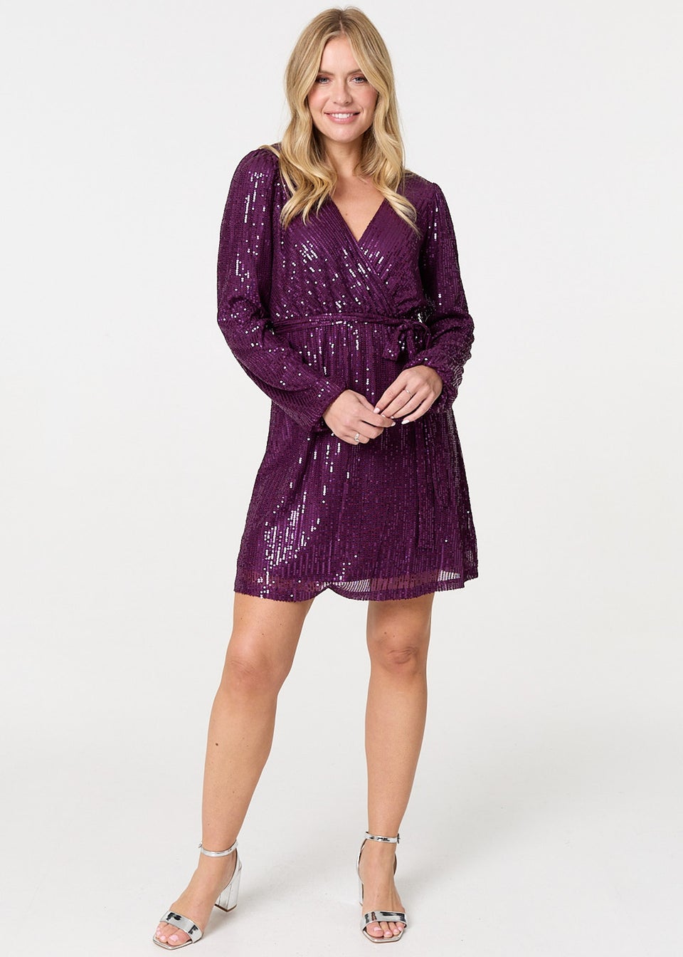 Izabel London Purple Sparkly Sequin Long Sleeve Mini Wrap Dress