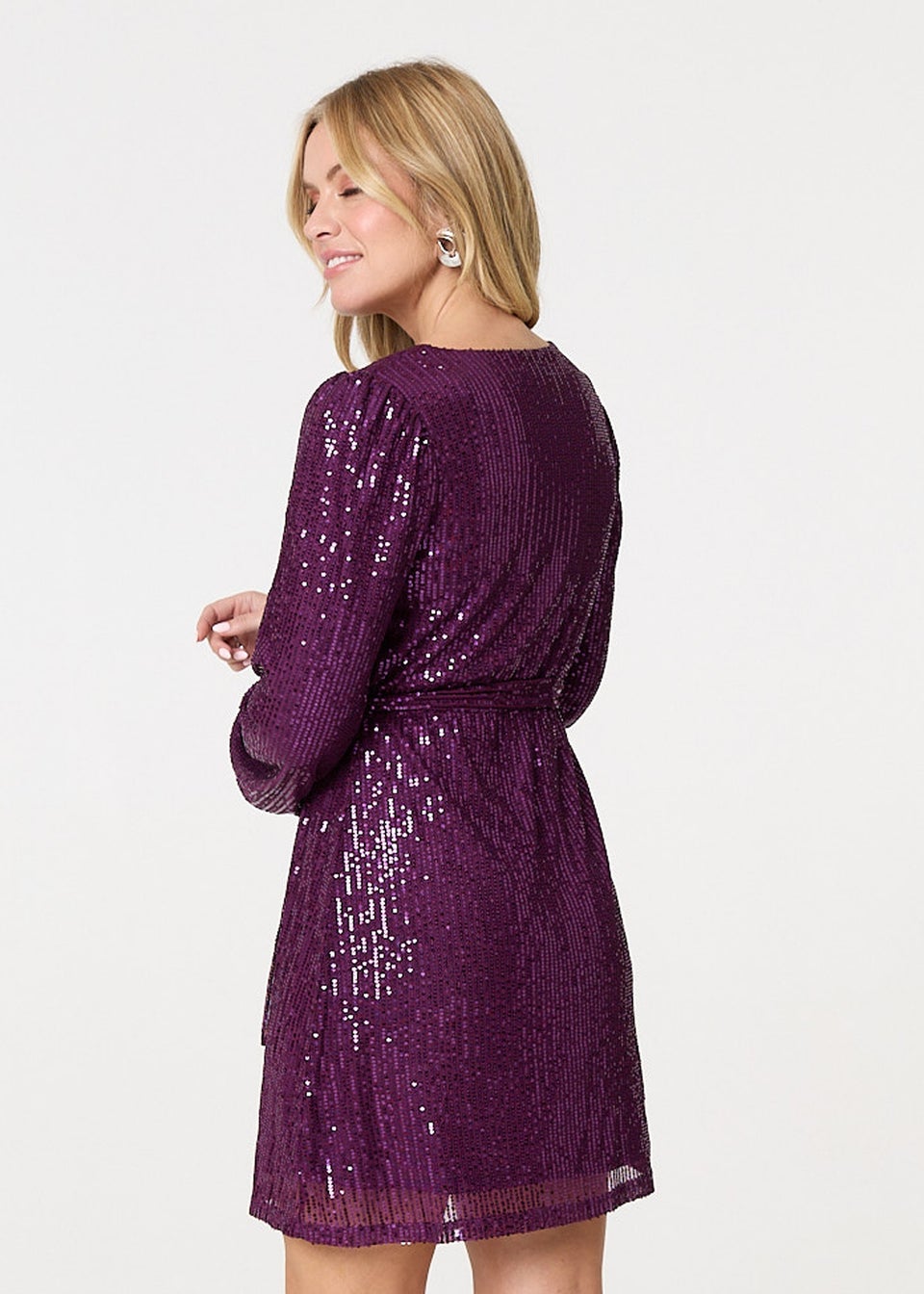 Izabel London Purple Sparkly Sequin Long Sleeve Mini Wrap Dress