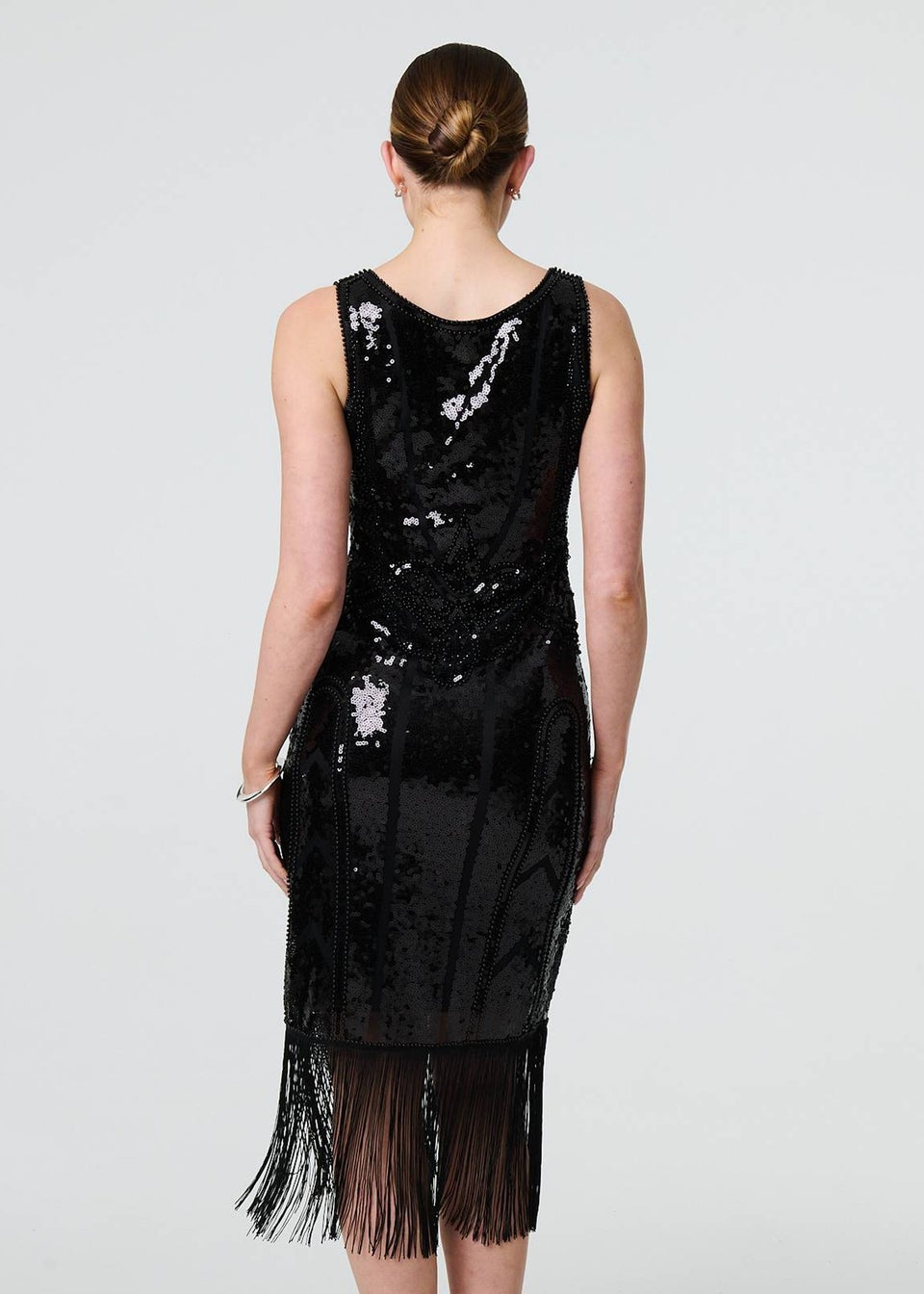 Izabel London Black Sequin Embellished Tassel Trim Midi Dress