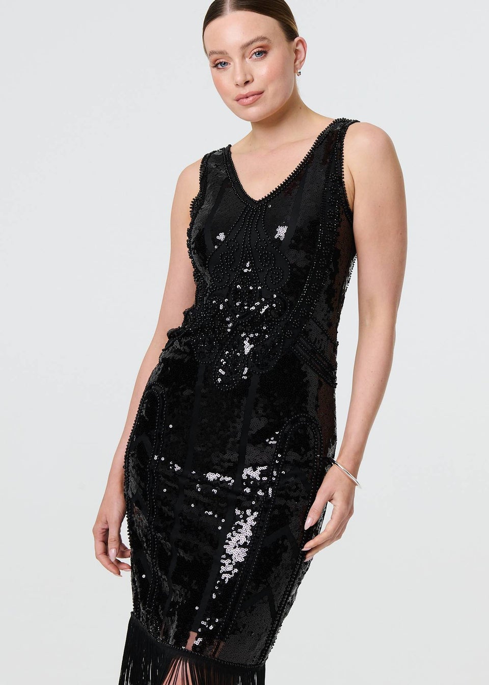 Izabel London Black Sequin Embellished Tassel Trim Midi Dress