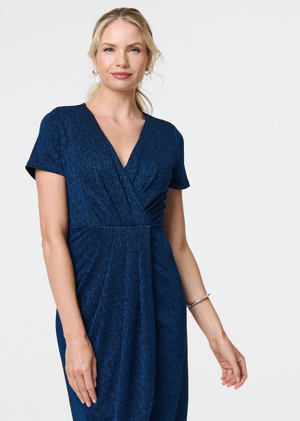 Izabel London Blue Sparkly Ruched Short Sleeve Midi Dress