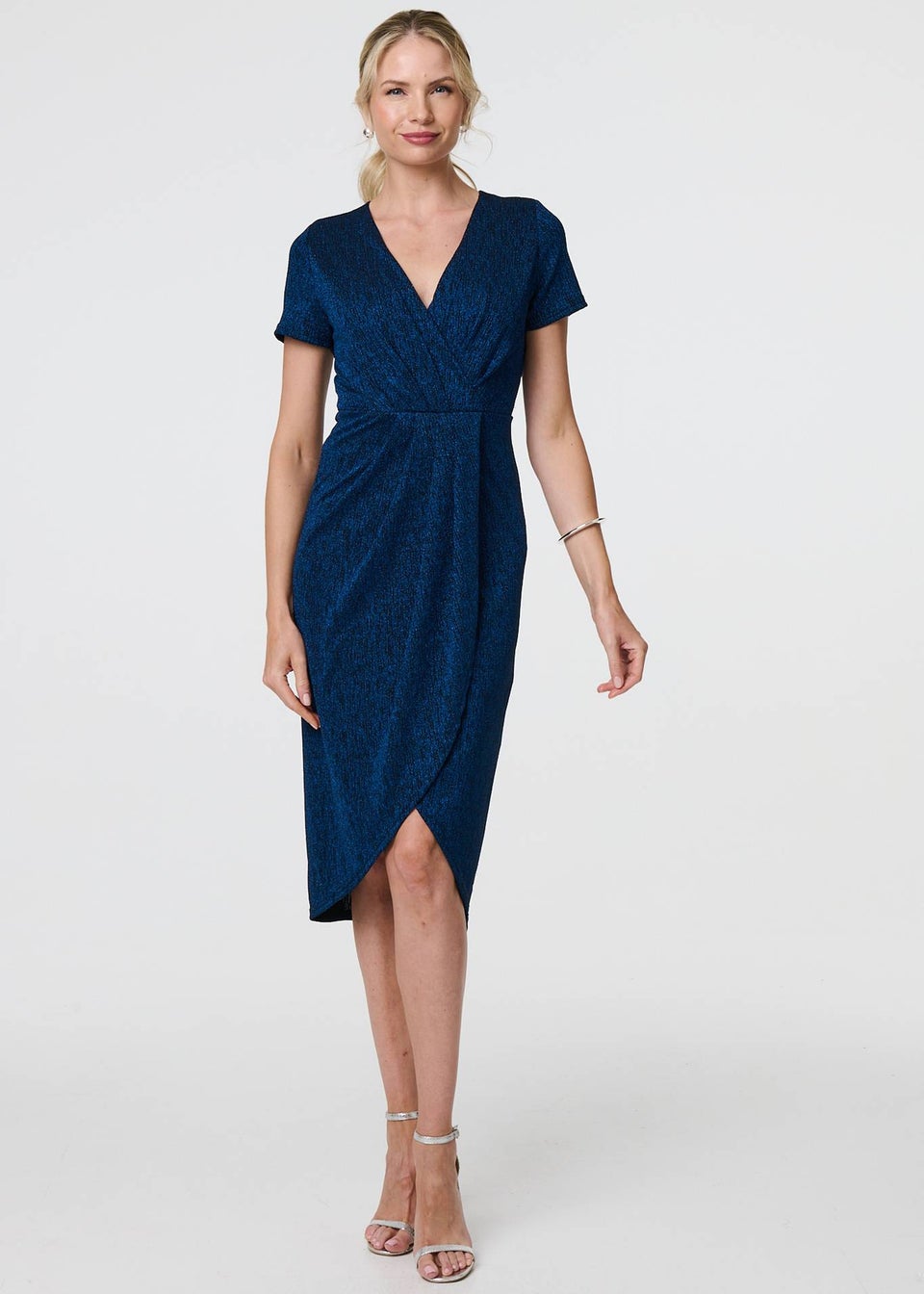Izabel London Blue Sparkly Ruched Short Sleeve Midi Dress