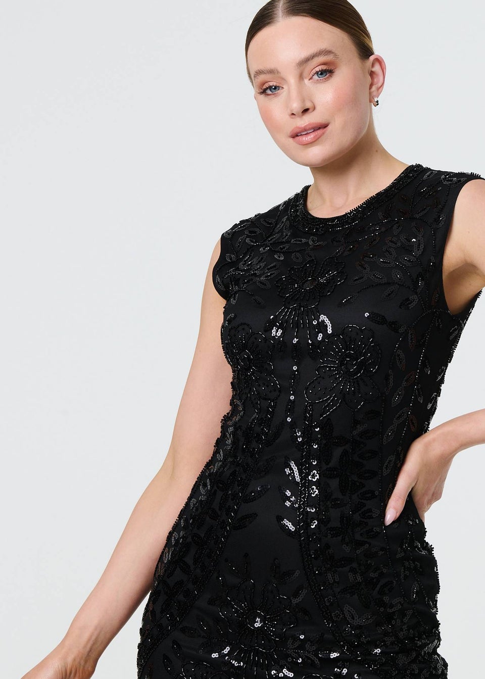 Izabel London Black Sequin Embellished Tassel Midi Dress