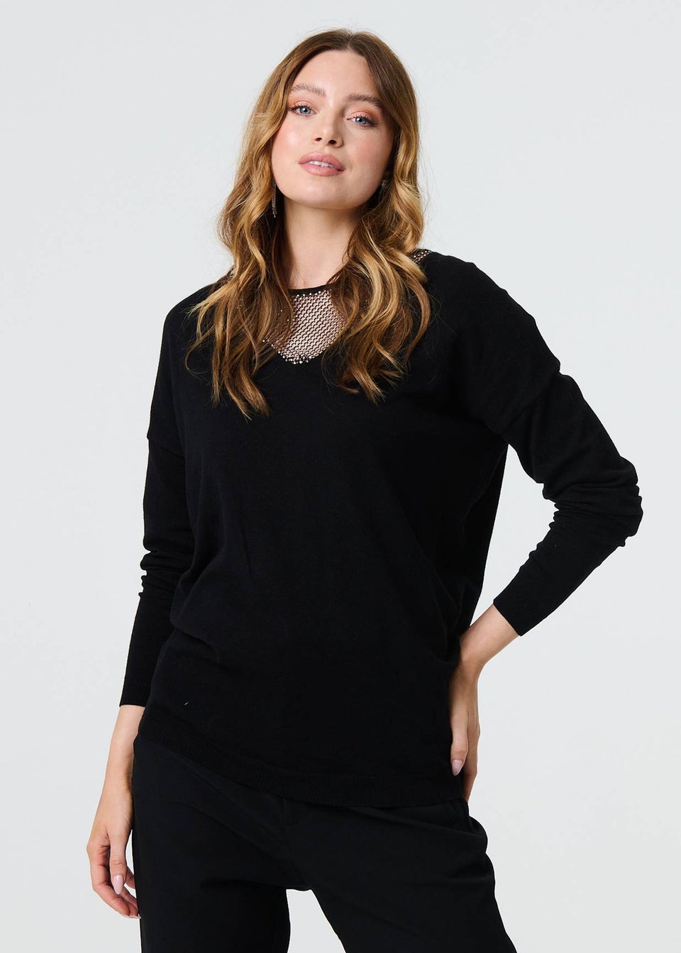 Izabel London Black Sequin Mesh V-Neck Knitted Top