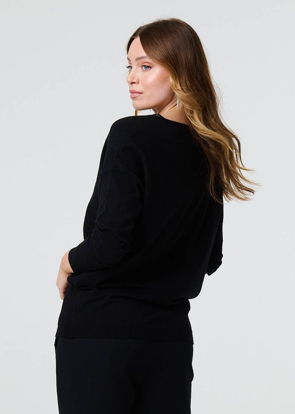 Izabel London Black Sequin Mesh V-Neck Knitted Top