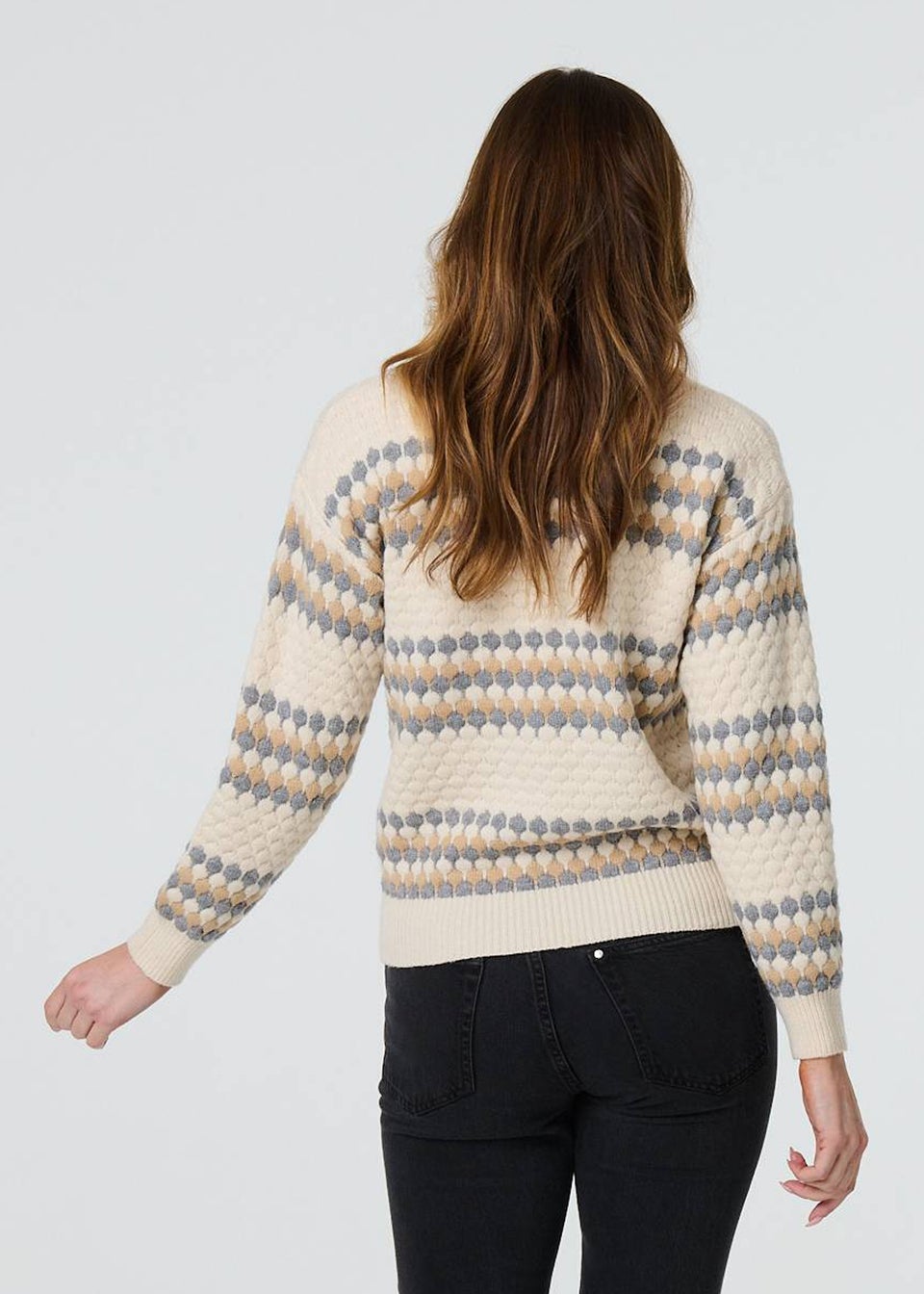 Izabel London White Textured Stripe Print High Neck Jumper