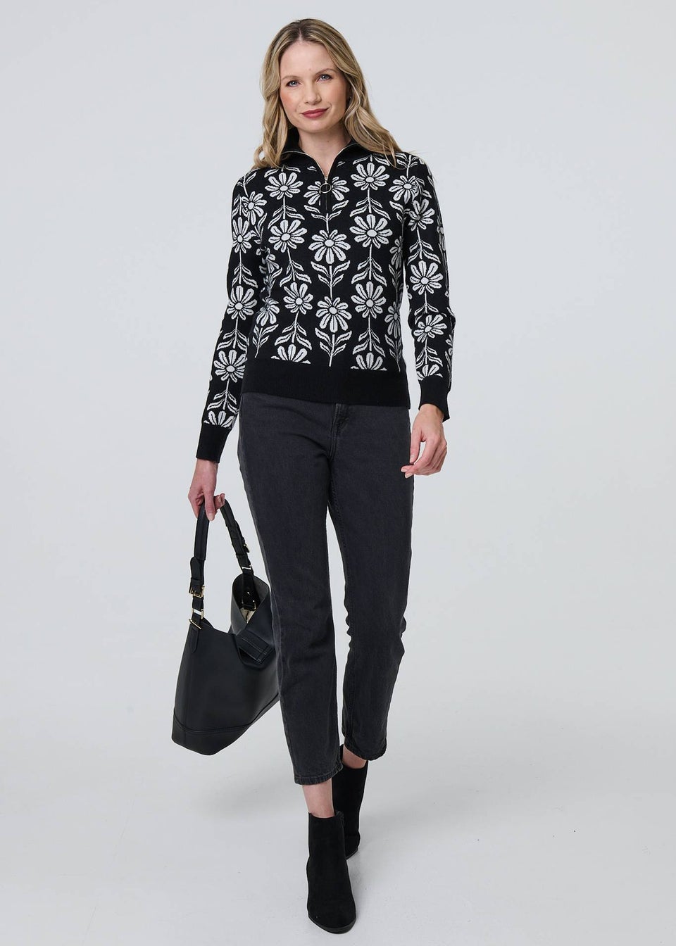 Izabel London Black Floral Zip Neck Long Sleeve Pullover