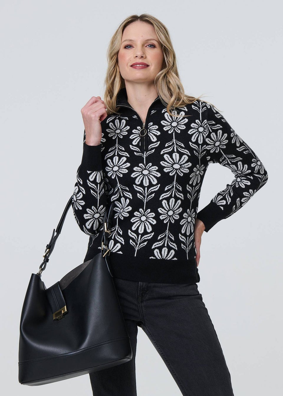 Izabel London Black Floral Zip Neck Long Sleeve Pullover