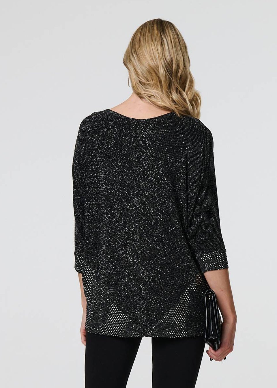 Izabel London Black Glittery Metallic Trim 3/4 Sleeve Tunic