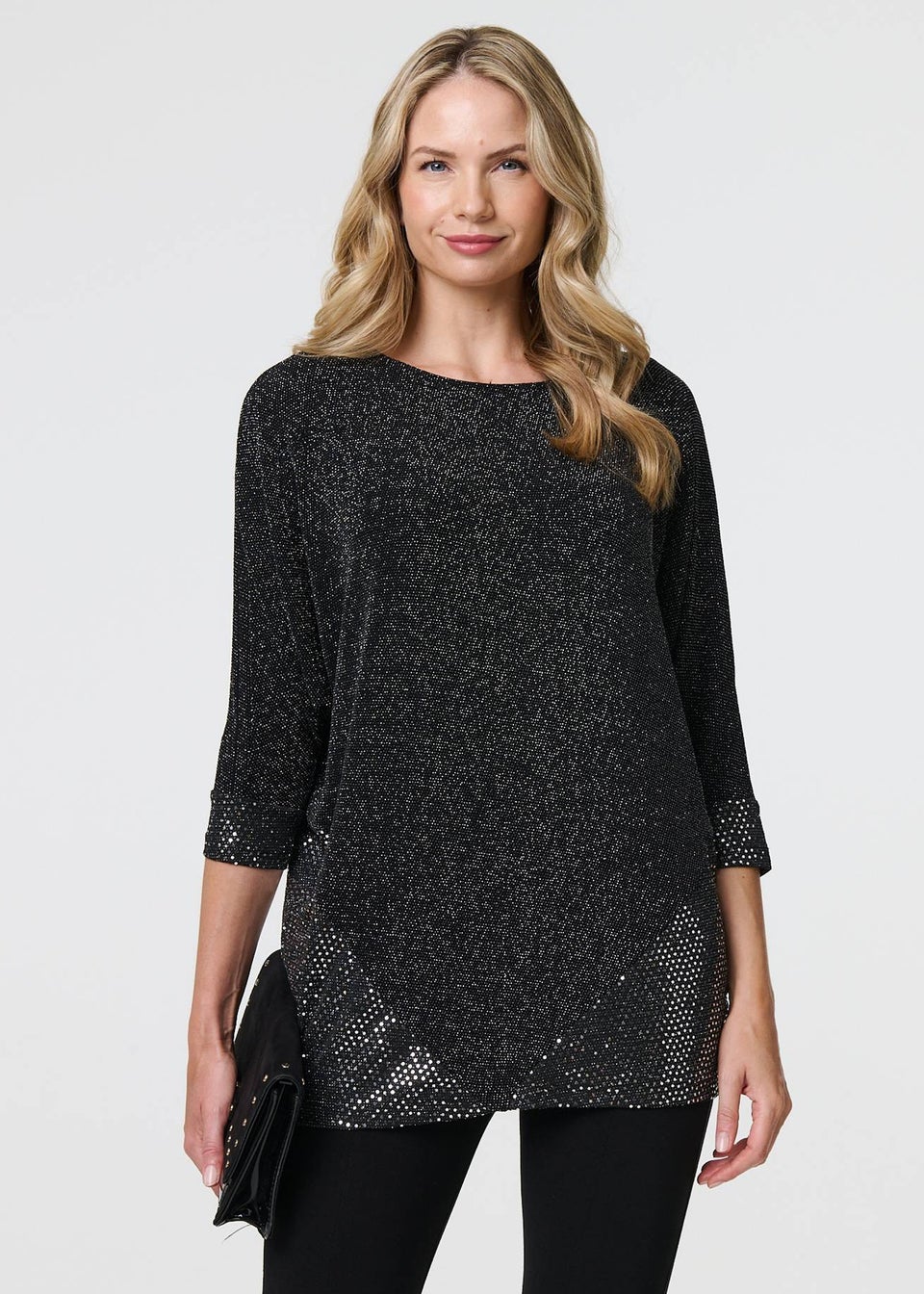 Izabel London Black Glittery Metallic Trim 3/4 Sleeve Tunic