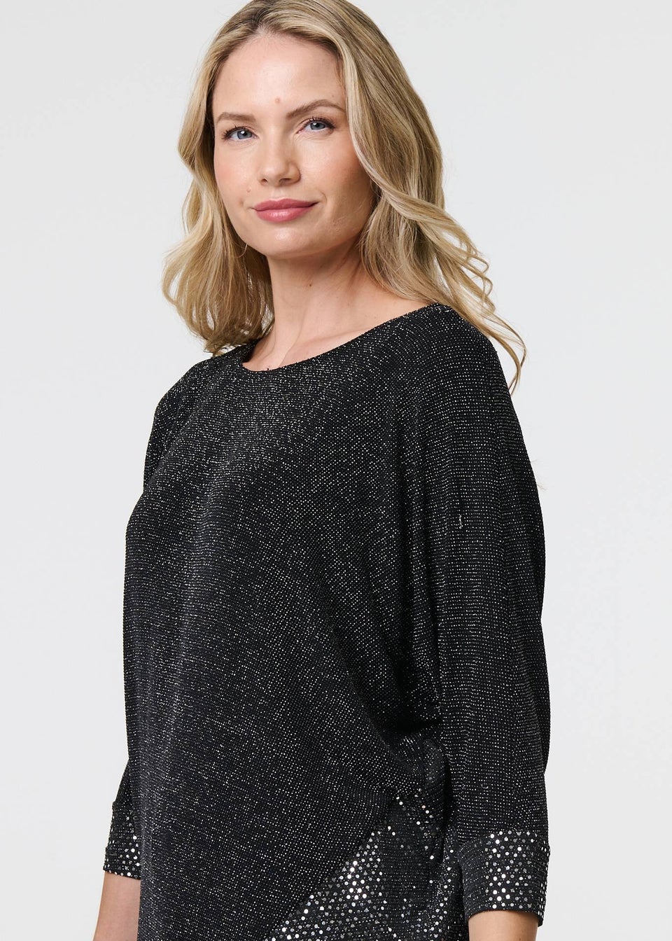 Izabel London Black Glittery Metallic Trim 3/4 Sleeve Tunic