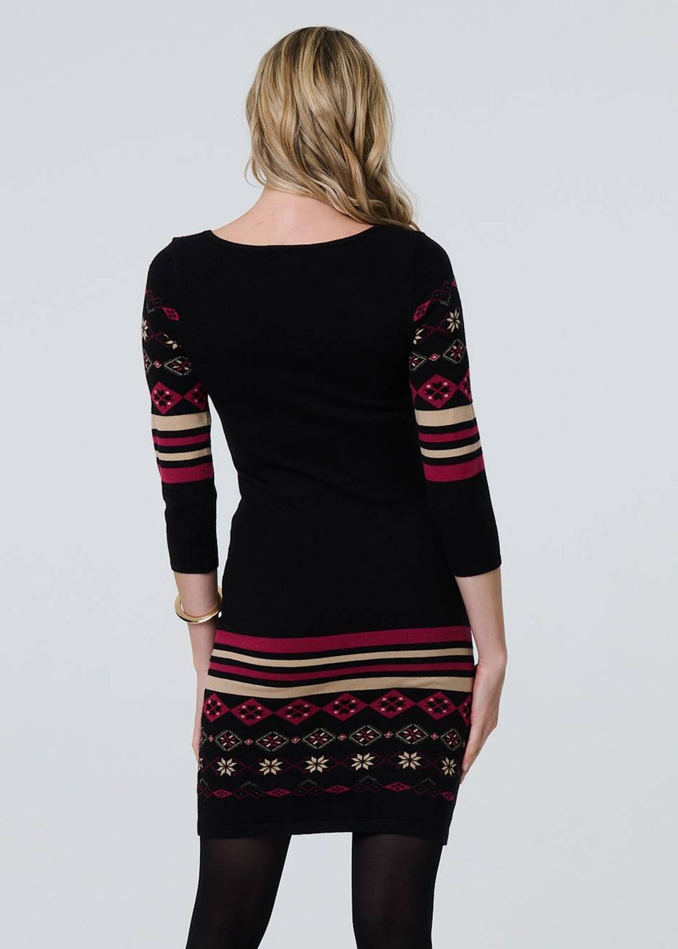 Izabel London Black Fair Isle Striped 3/4 Sleeve Short Dress