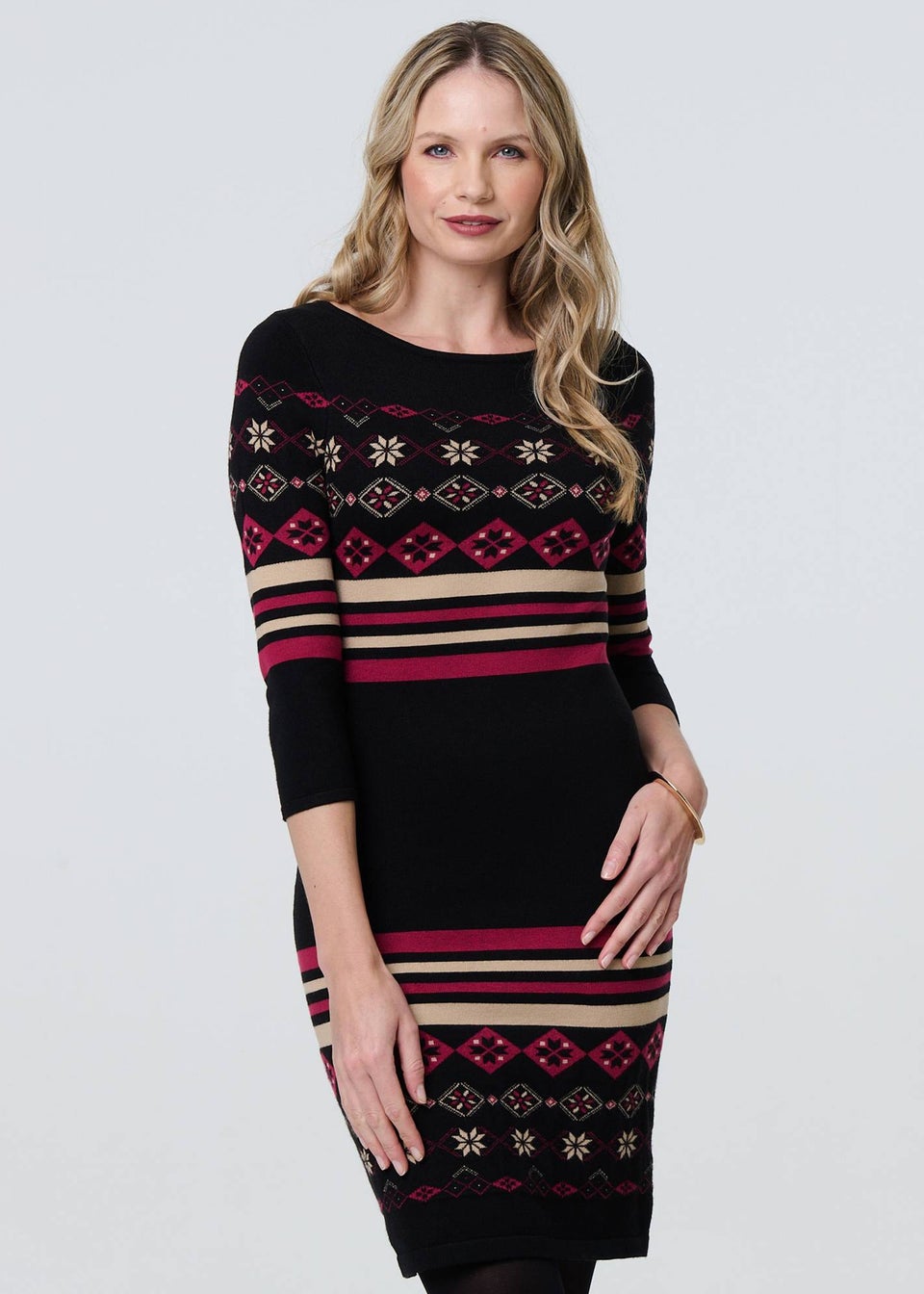 Izabel London Black Fair Isle Striped 3/4 Sleeve Short Dress