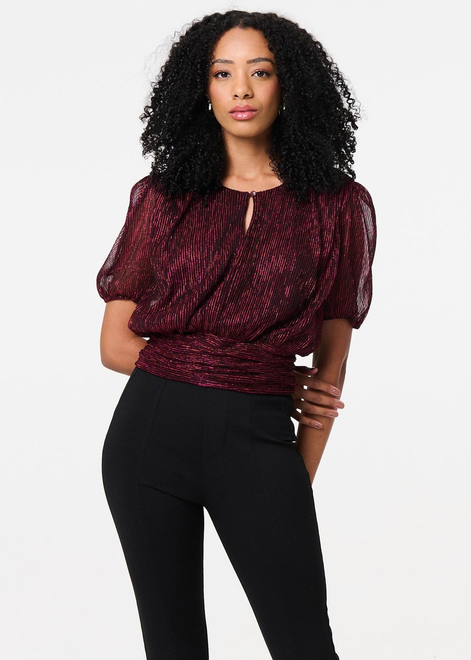 Izabel London Pink Glitter Mesh Ruched Semi Sheer Crop Top