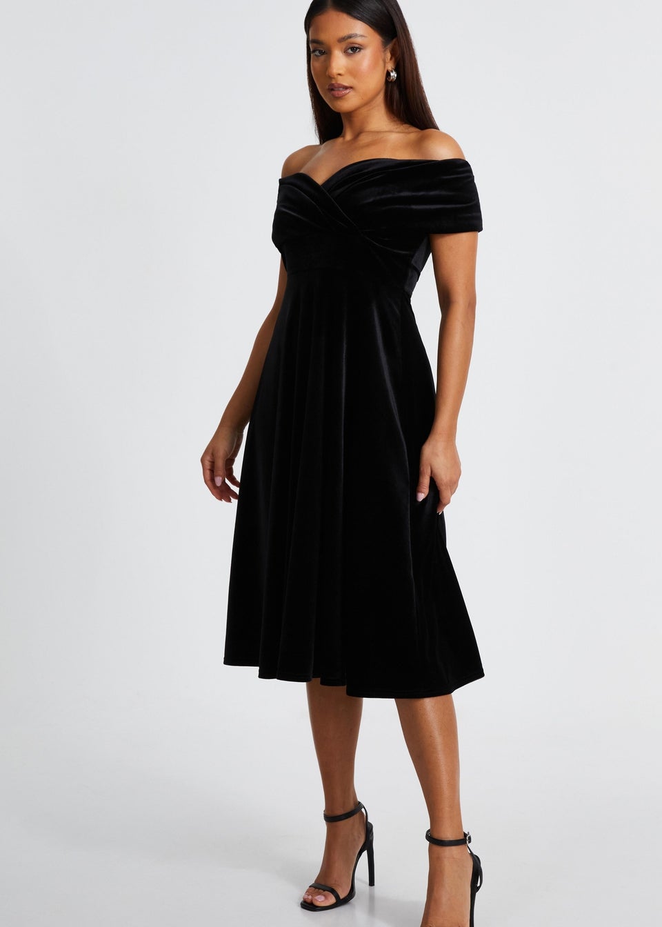 Quiz Black Petite Velvet Bardot Midi Dress