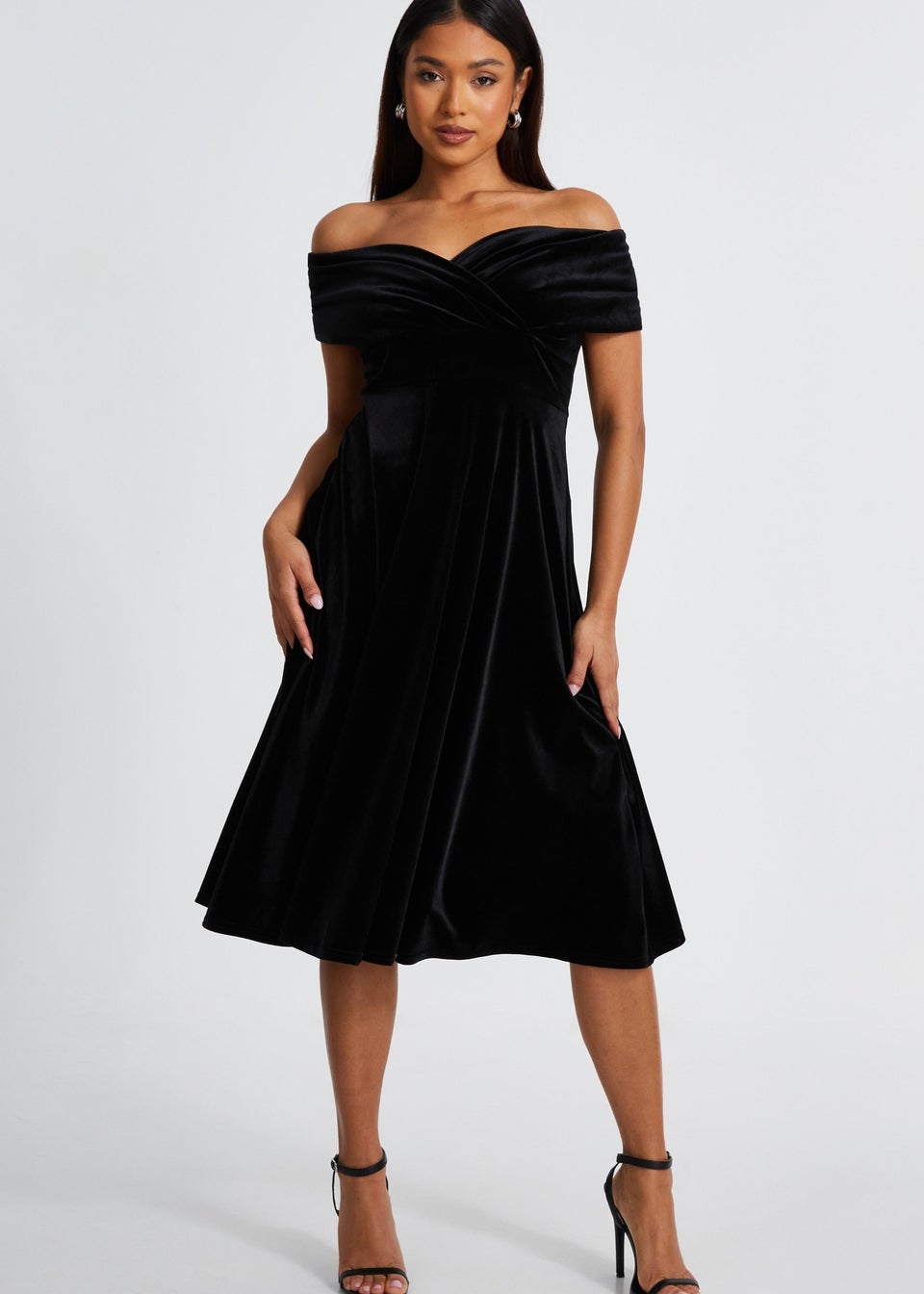 Quiz Black Petite Velvet Bardot Midi Dress