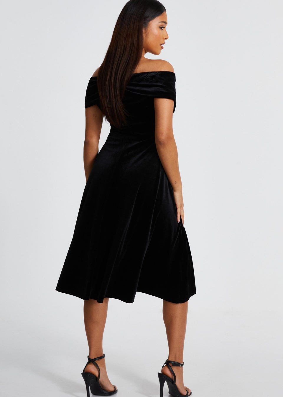 Quiz Black Petite Velvet Bardot Midi Dress