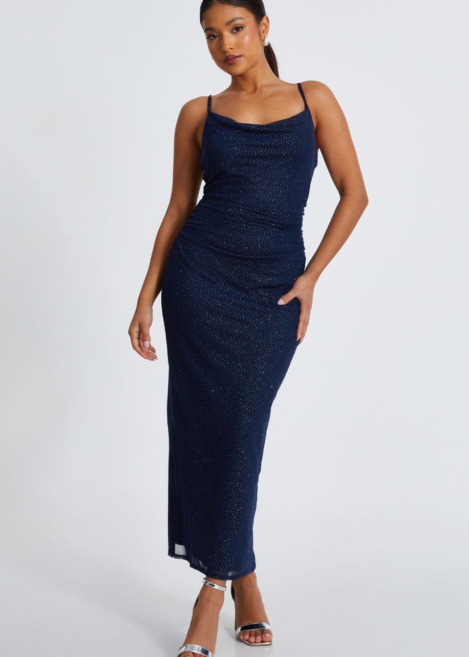Quiz Navy Petite Glitter Mesh Midaxi Dress Matalan