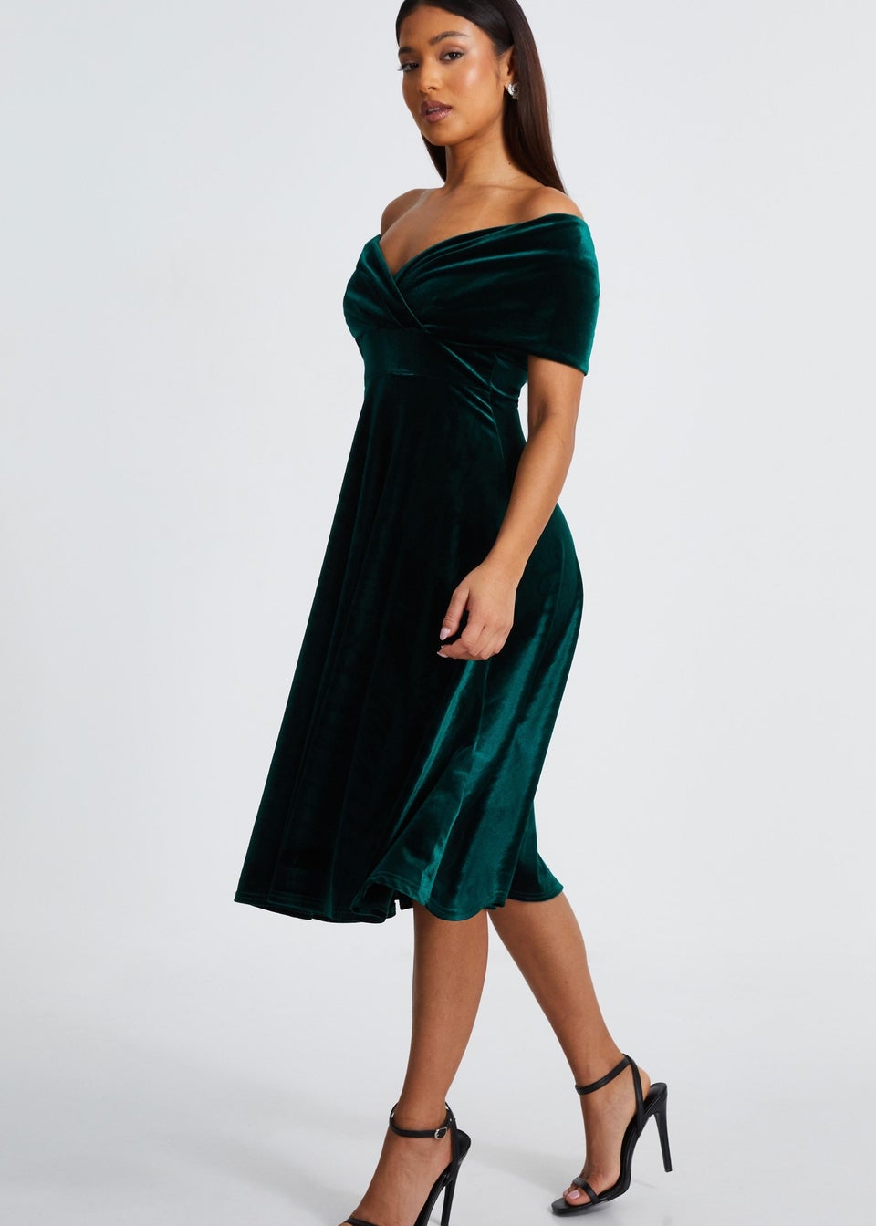 Quiz Green Petite Velvet Bardot Midi Dress