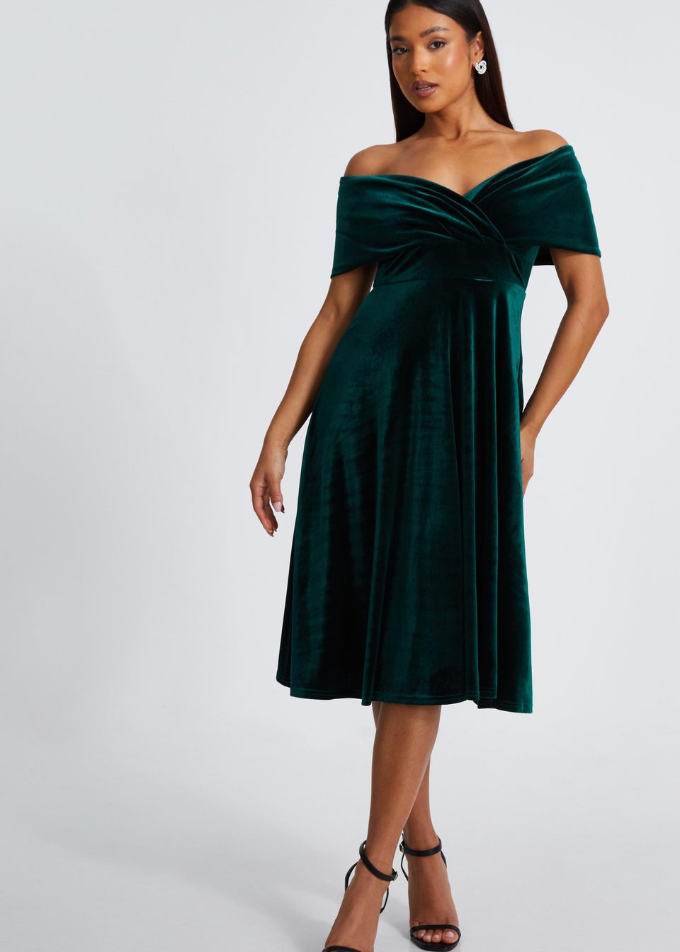 Quiz Green Petite Velvet Bardot Midi Dress