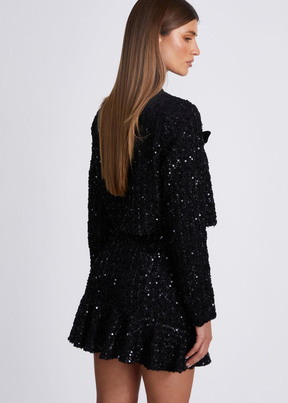 Quiz Black Sequin Boucle Cropped Jacket