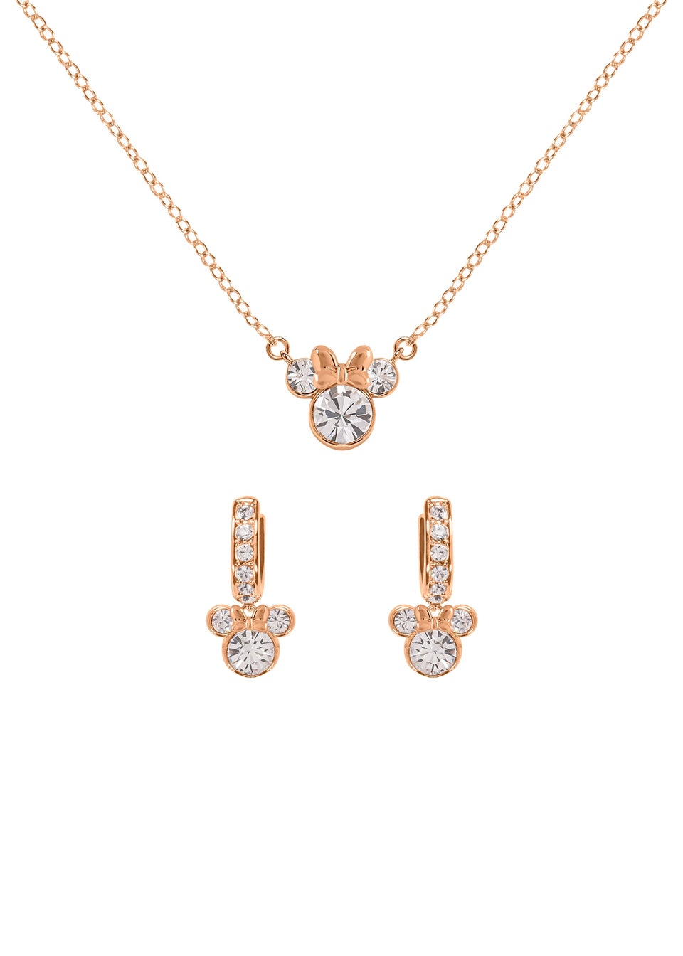Disney Minnie Mouse Rose Gold Plated Crystal Hoop Earrings & Necklace Set