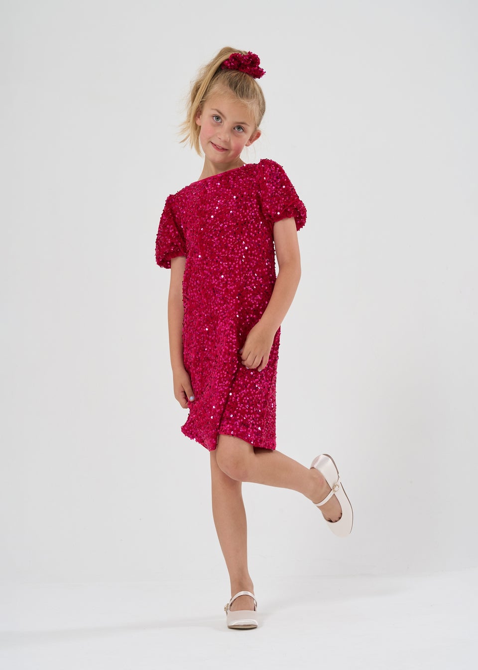 Miss Girls Pink Sequin Shift Dress Matching Scrunchie Outfit Set 7 12 yrs Matalan