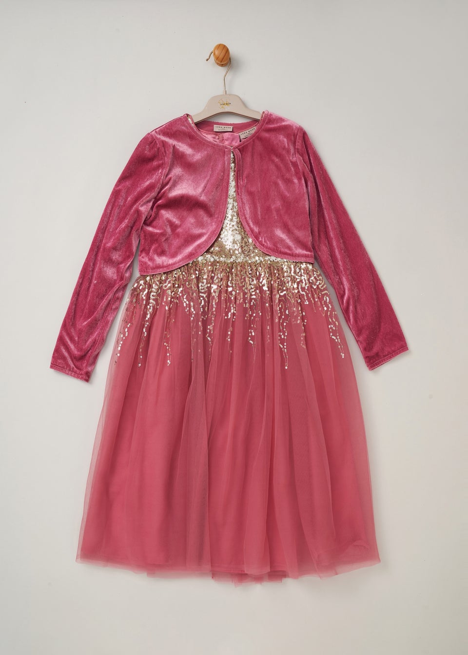 Miss Pink Sequin Waterfall Dress With Fur Bolero Outfit Set (3-8 yrs)
