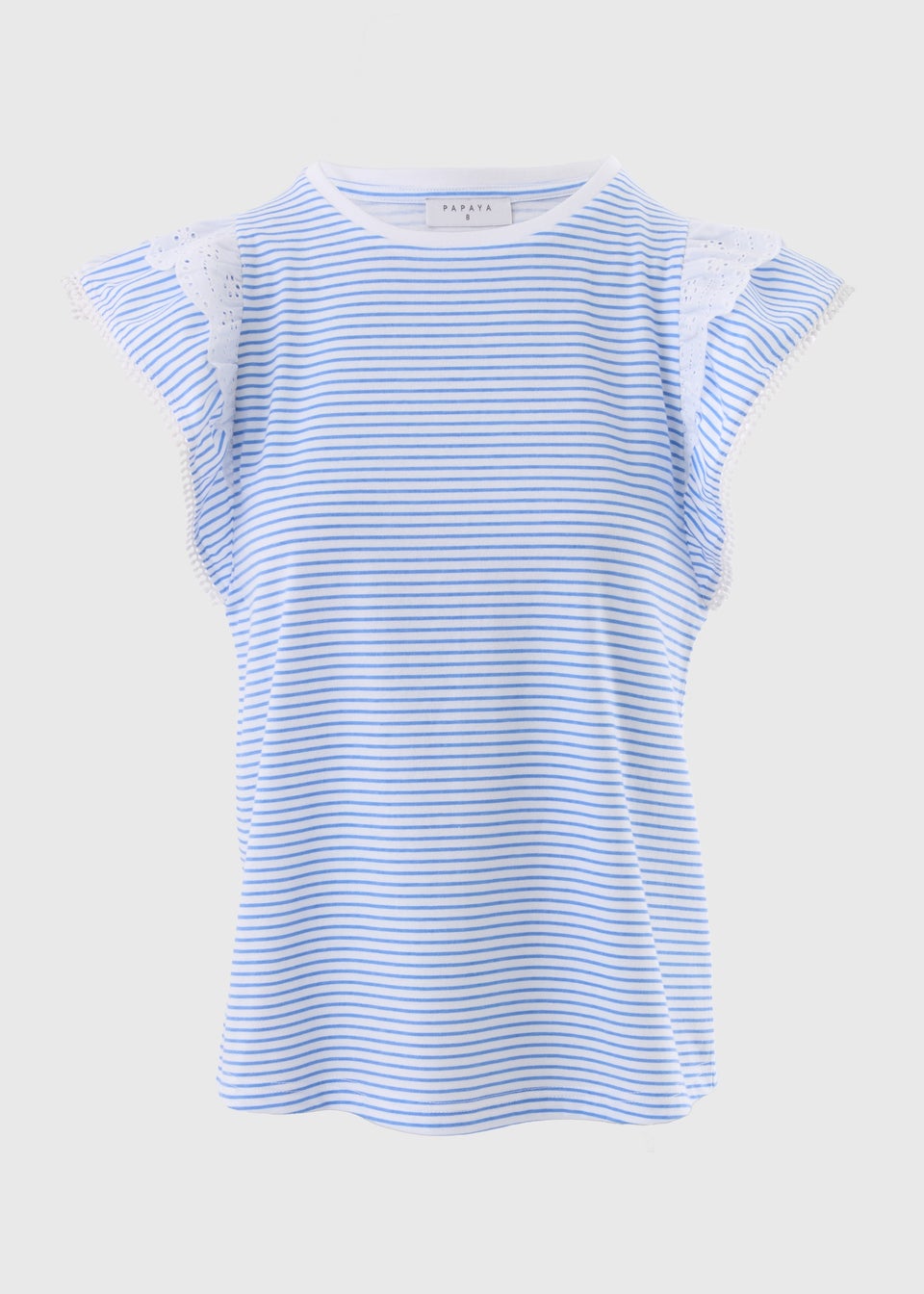 Blue Stripe Broderie Frill Sleeve T-Shirt