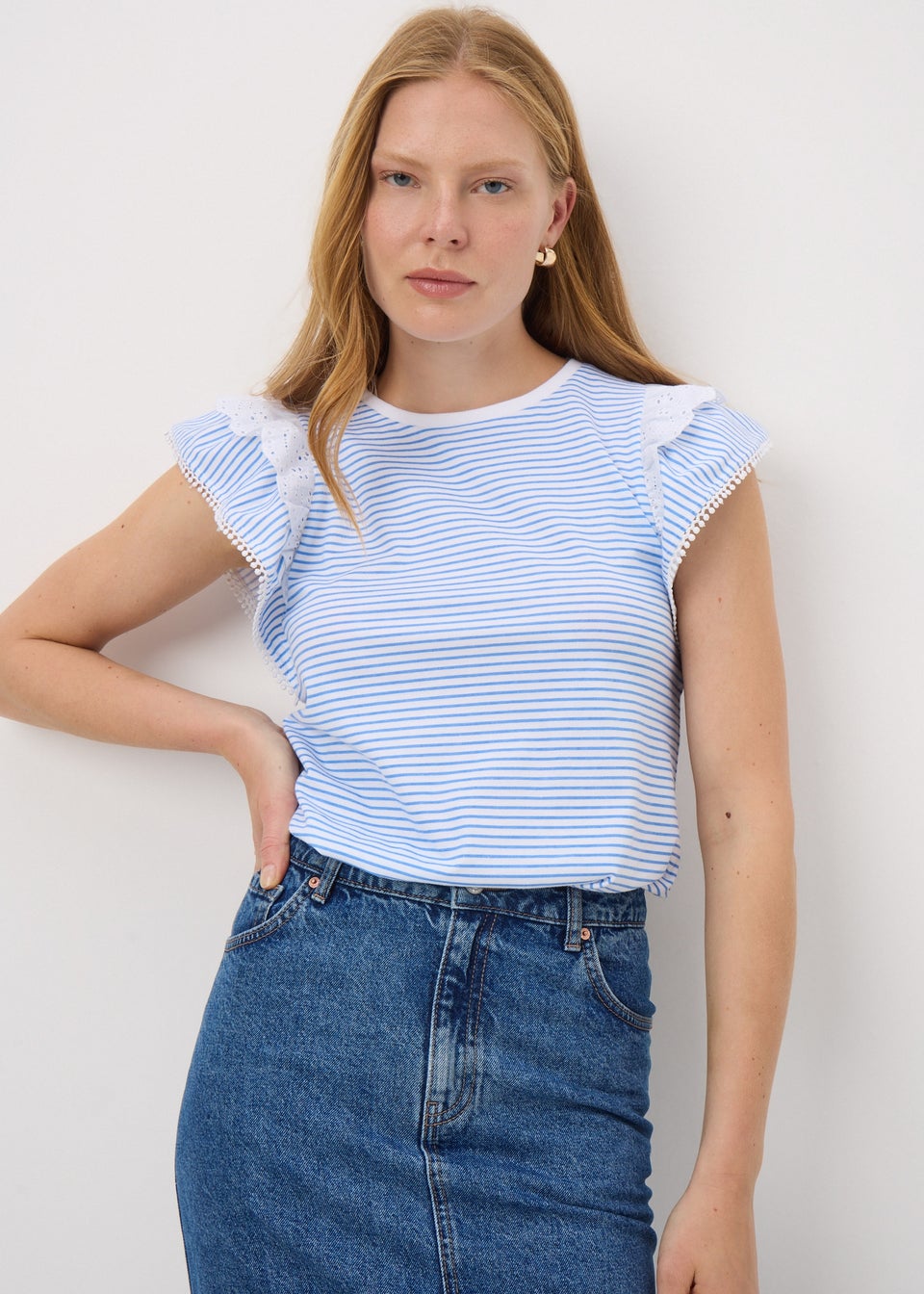 Blue Stripe Broderie Frill Sleeve T-Shirt