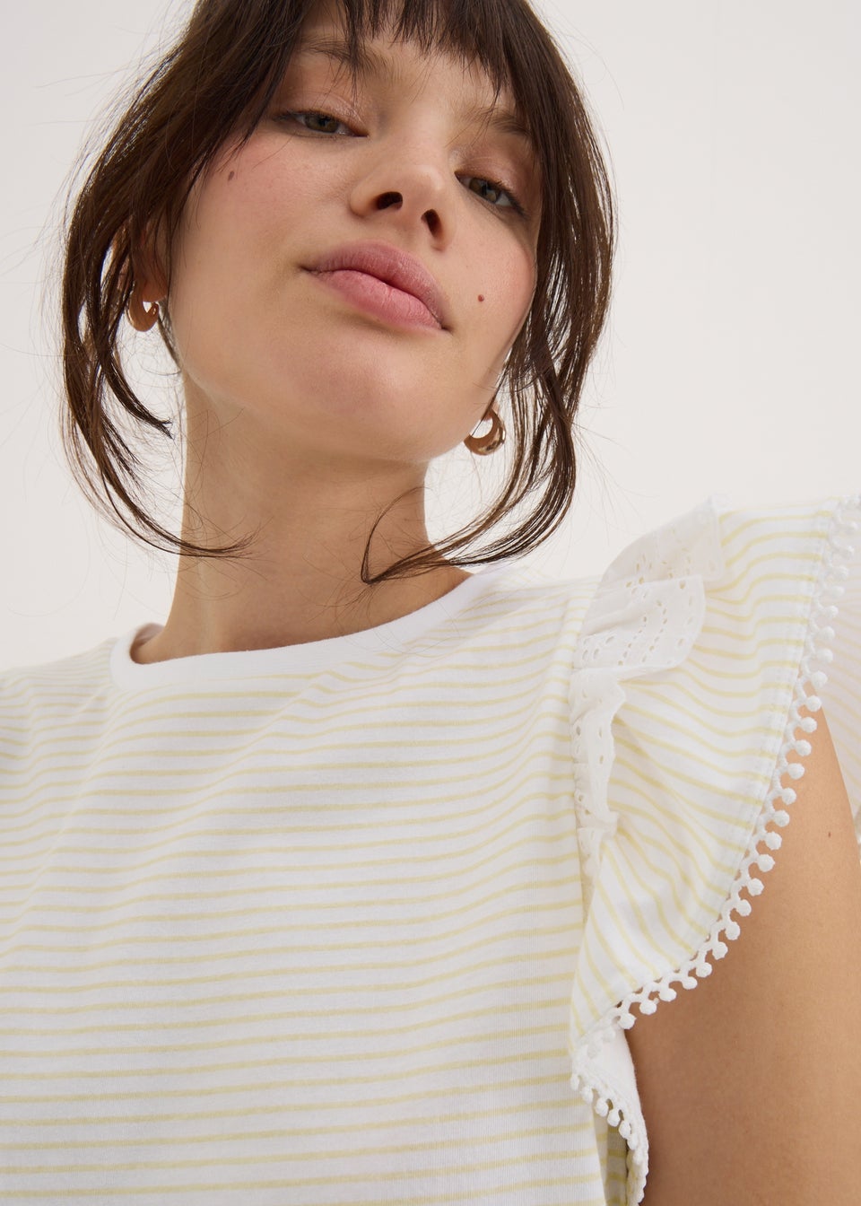Yellow Stripe Broderie Frill Sleeve T-Shirt