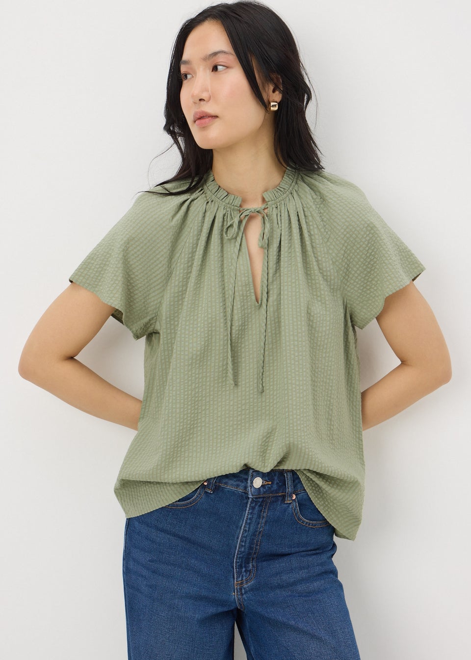 Sage Green Boho Tie Neck Short Sleeve Blouse