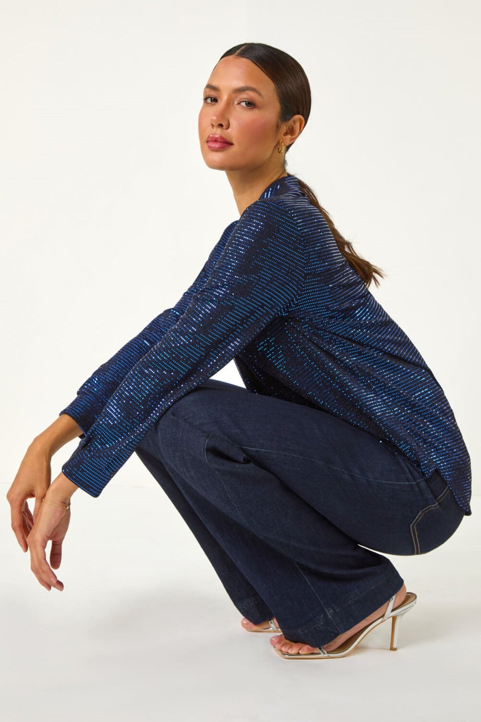 Roman Blue Sequin V-Neck Stretch Shirt