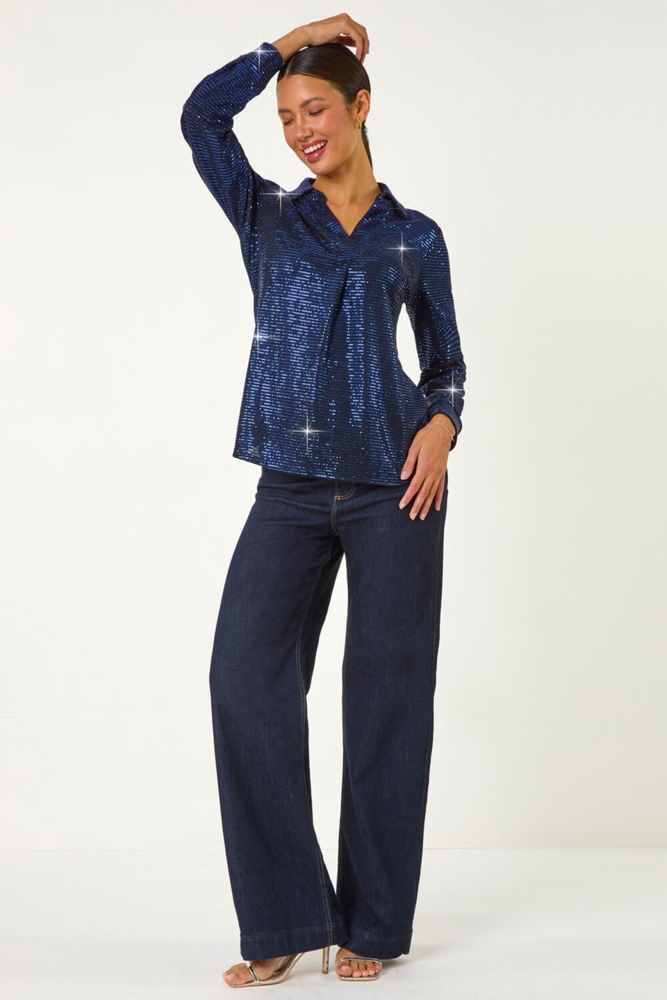 Roman Blue Sequin V-Neck Stretch Shirt