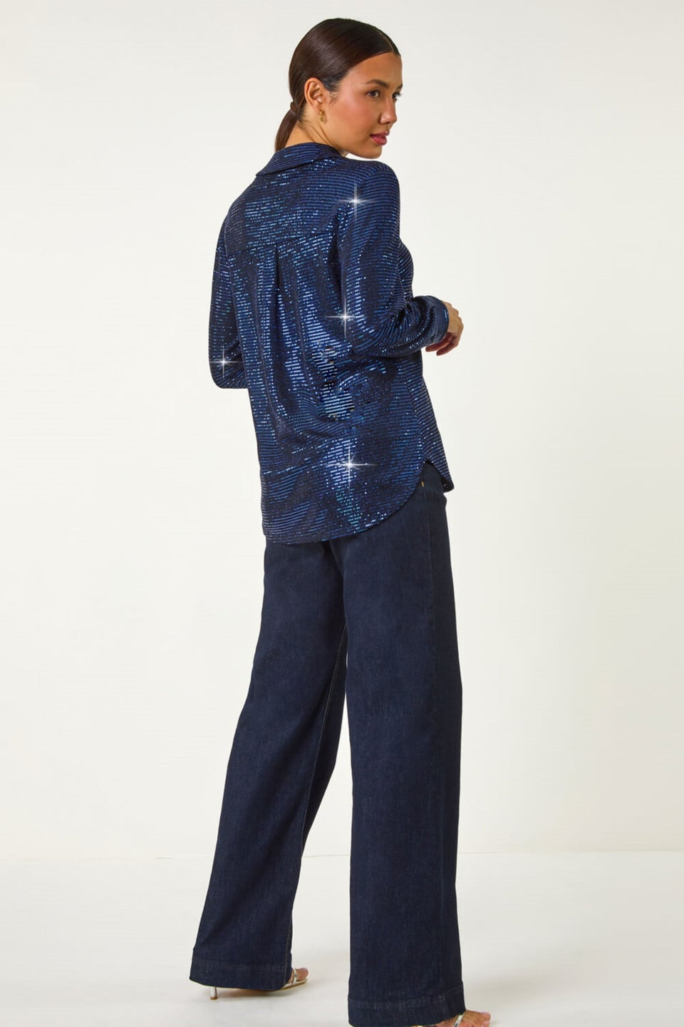 Roman Blue Sequin V-Neck Stretch Shirt