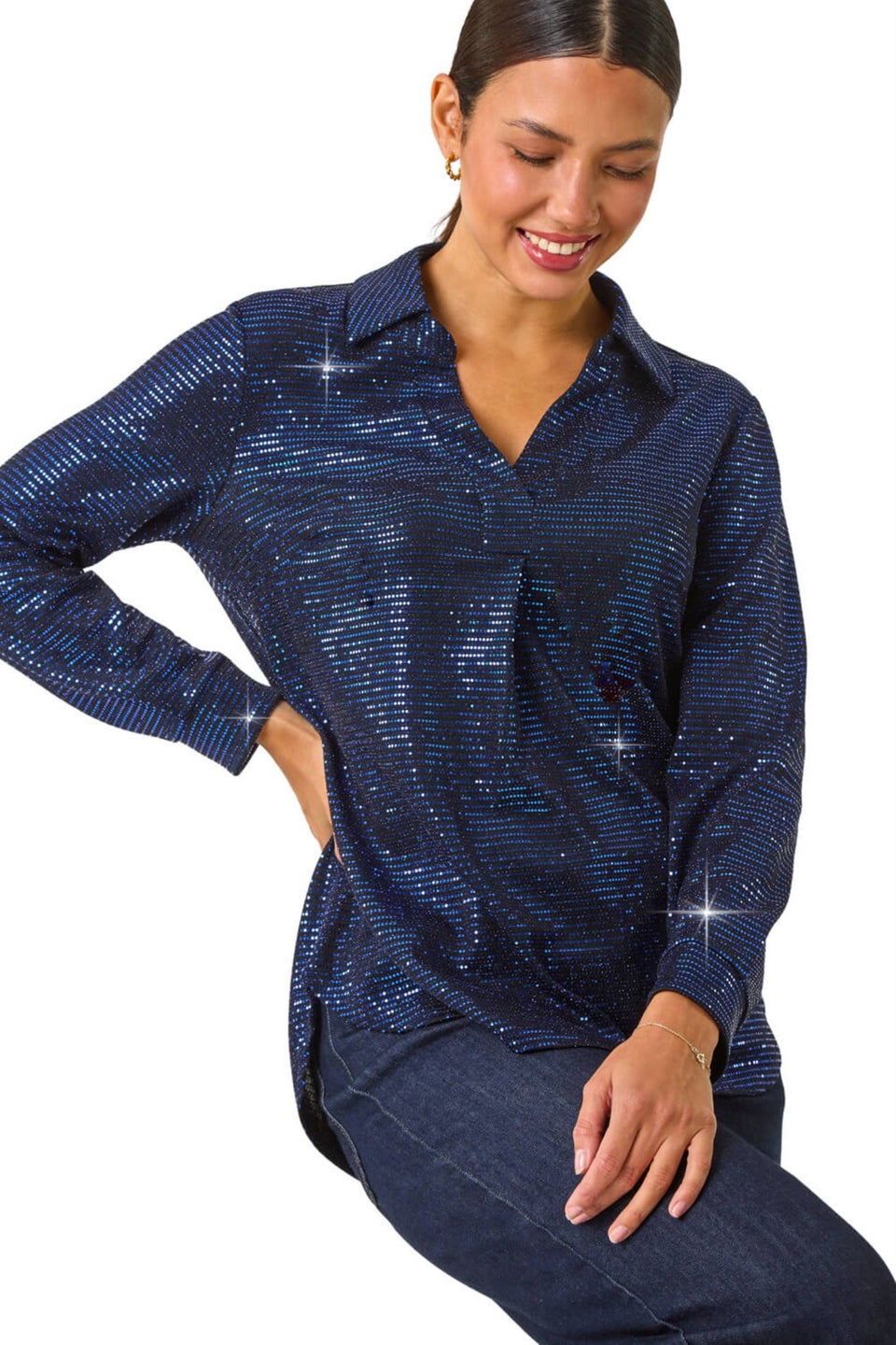 Roman Blue Sequin V-Neck Stretch Shirt