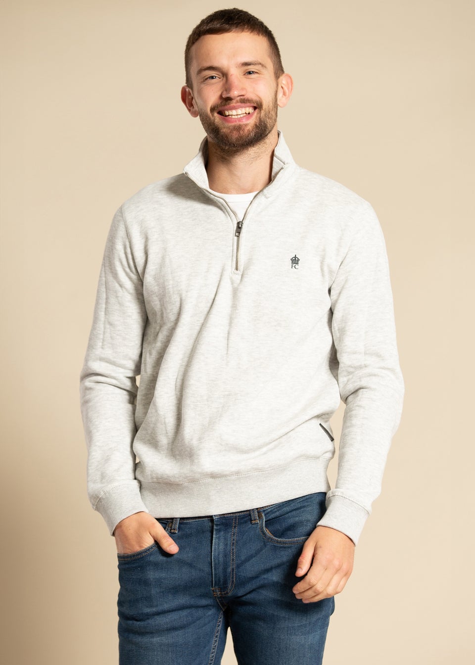 French Connection Light Grey Cotton Blend Half-Zip Jumper