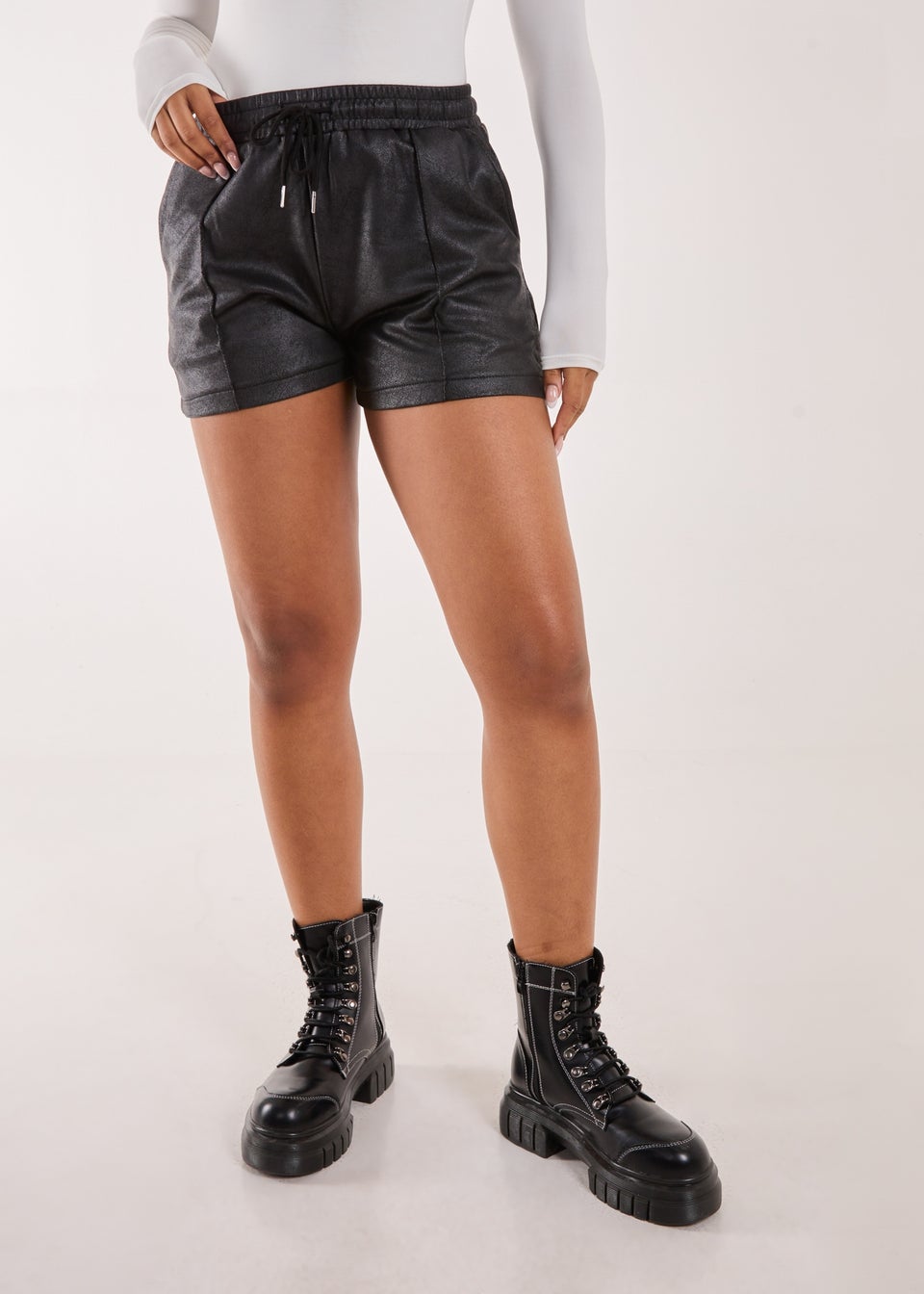 Pink Vanilla Black PU Drawstring Shorts