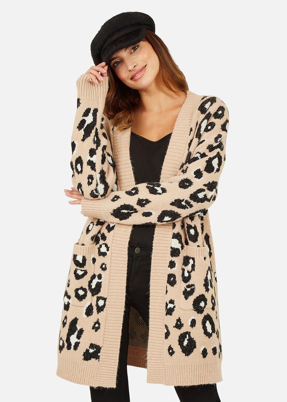 Yumi Beige Animal Print Intarsia Knit Long Cardigan