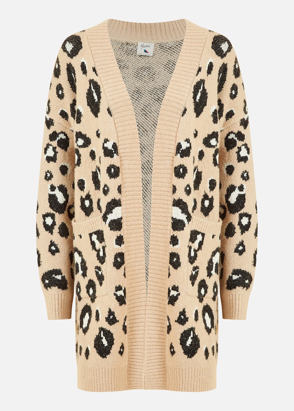 Yumi Beige Animal Print Intarsia Knit Long Cardigan