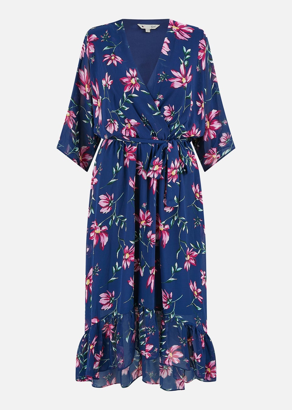 Yumi Navy Floral Kimono Dipped Hem Dress