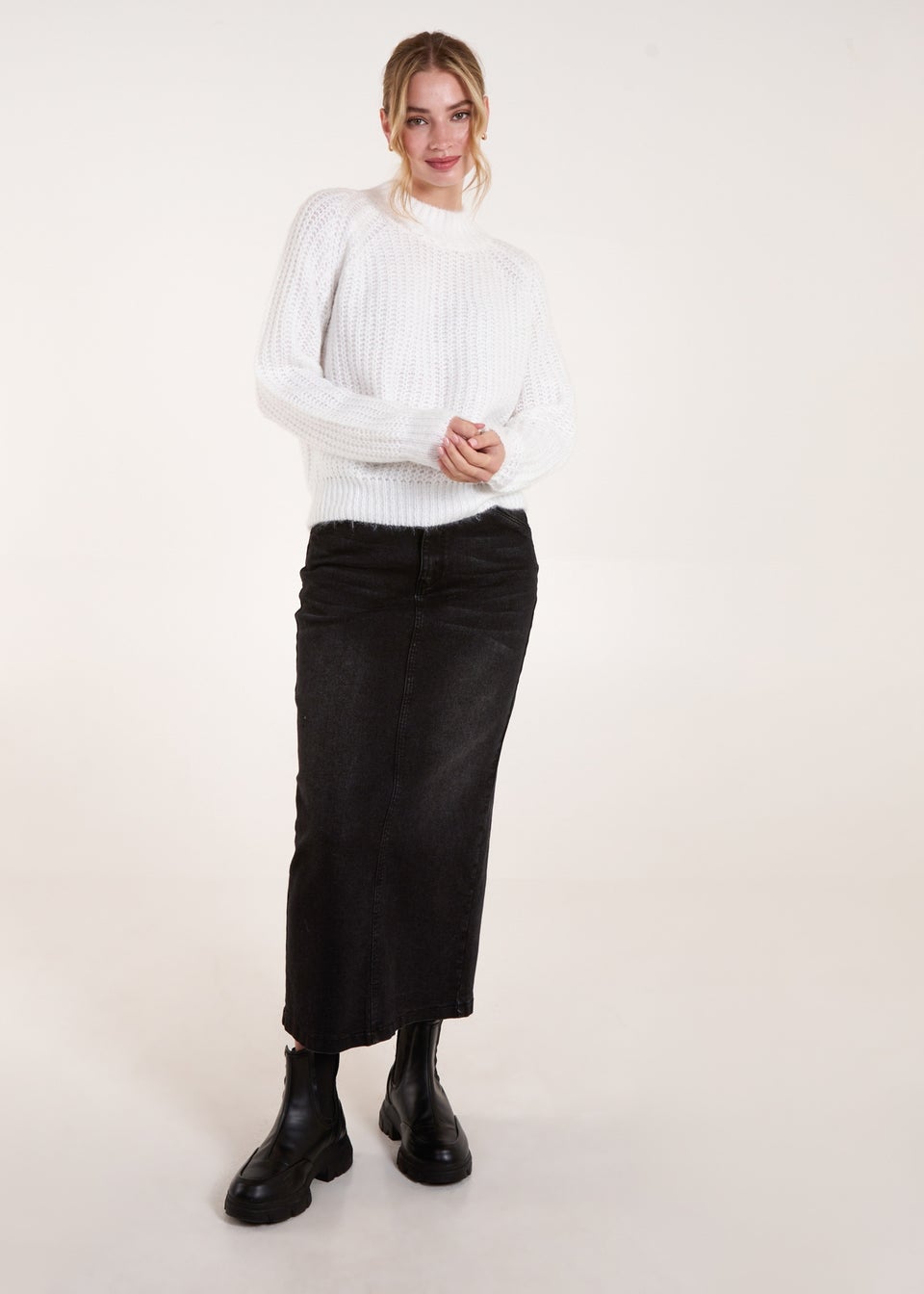Blue Vanilla Ivory Cable Knit High Neck Jumper