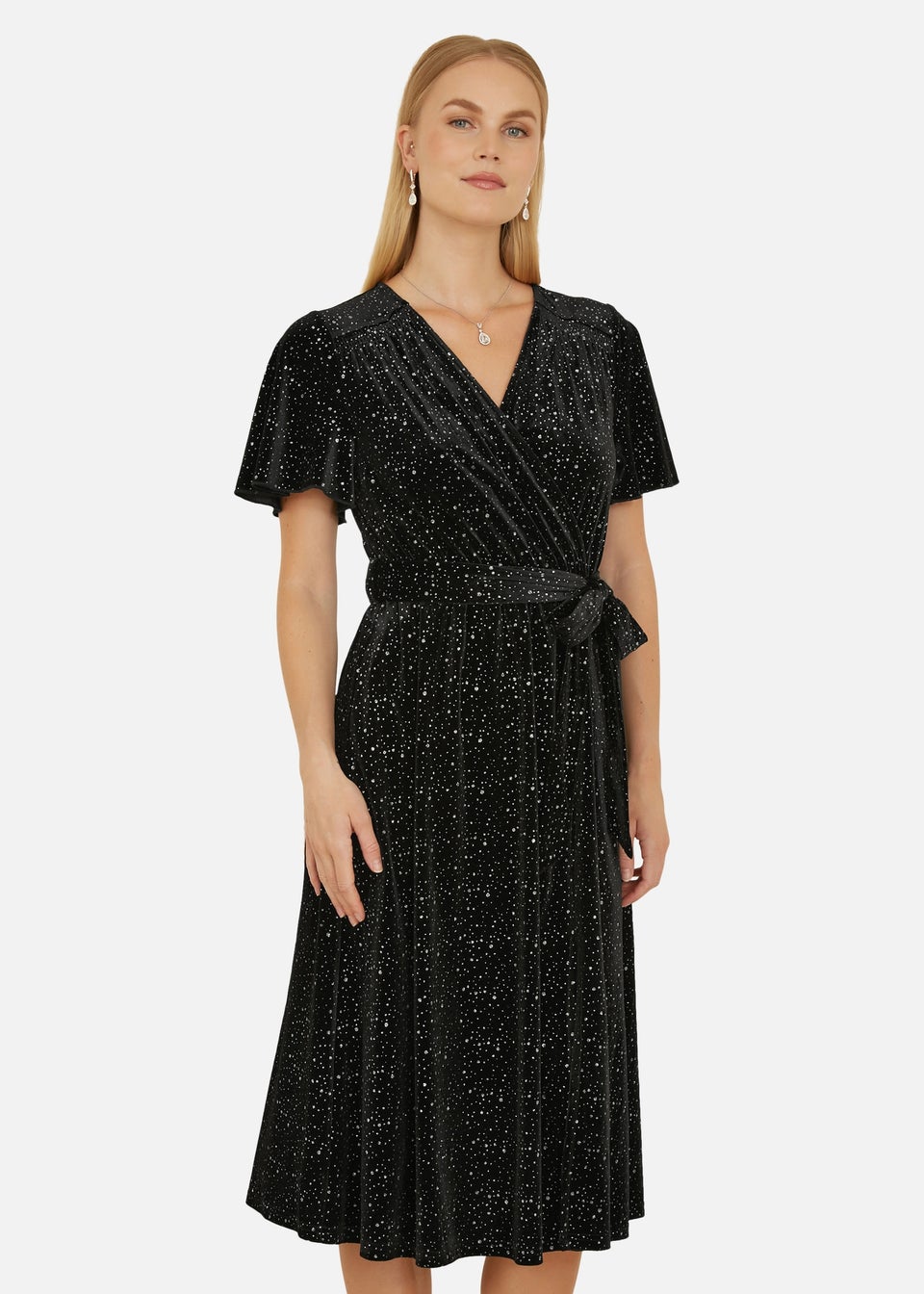 Yumi Black Velvet Sparkle Wrap Midi Dress