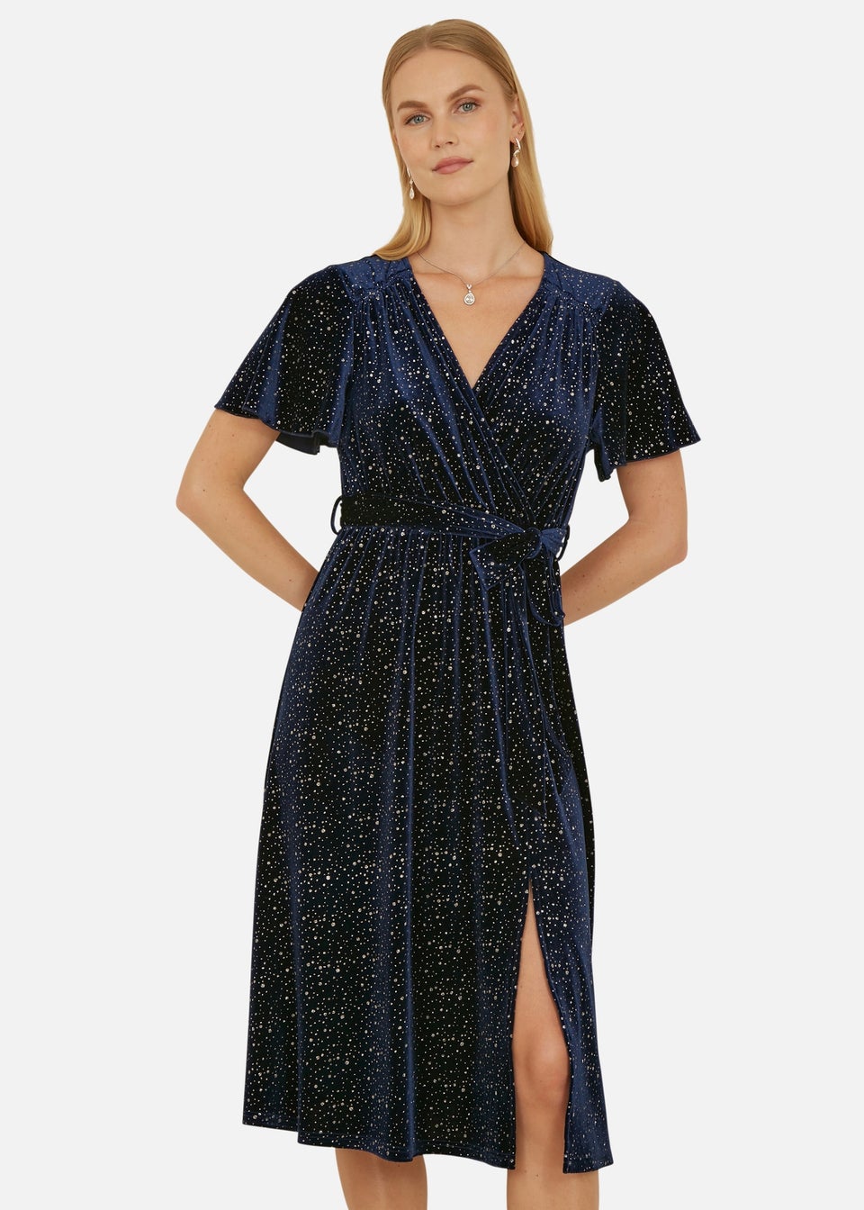 Yumi Navy Velvet Sparkle Wrap Midi Dress