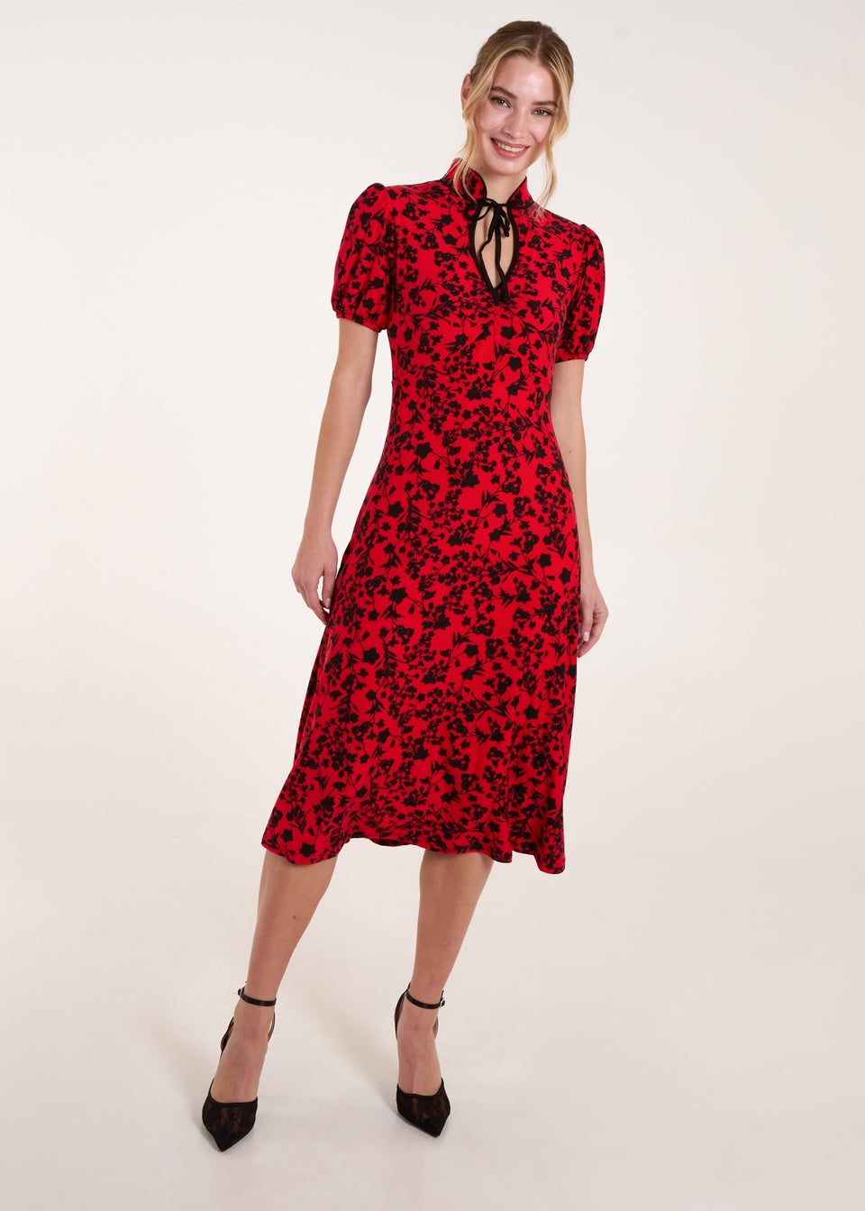 Blue Vanilla Red Floral Tie Collar Midi Dress