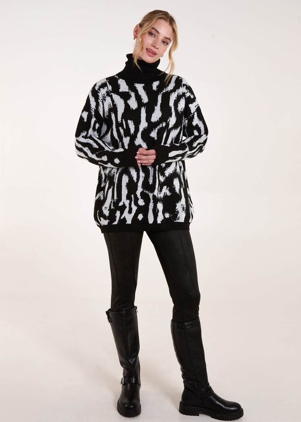Blue Vanilla Black Abstract Animal Roll Neck Jumper