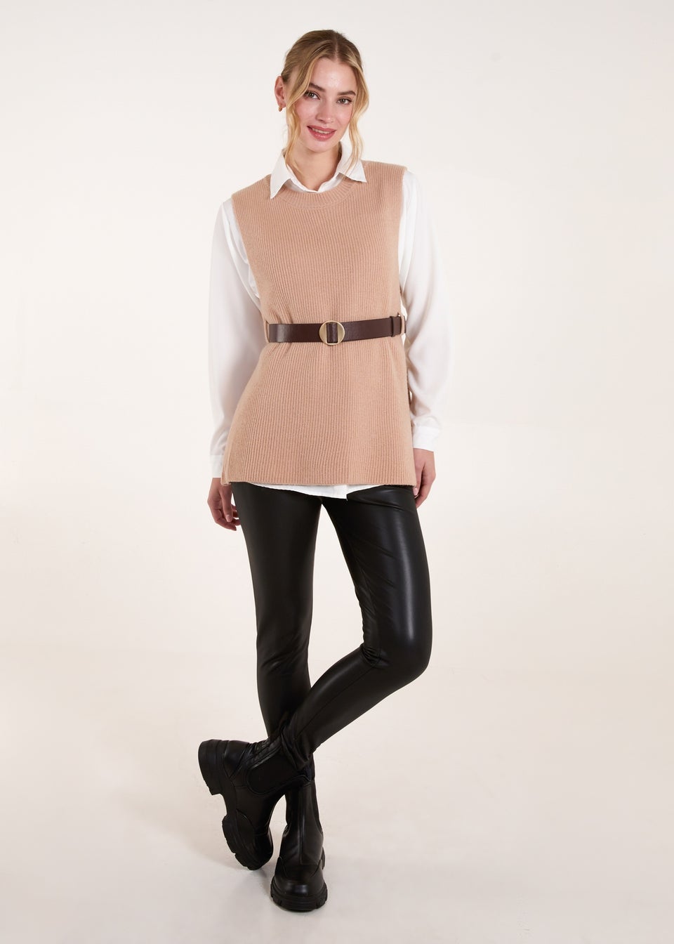 Blue Vanilla Camel Ribbed Knit Vest Blouse