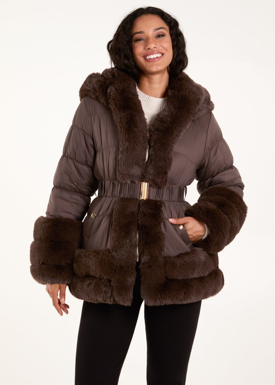 Blue Vanilla Brown Faux Fur Trim Belted Puffer Coat Matalan