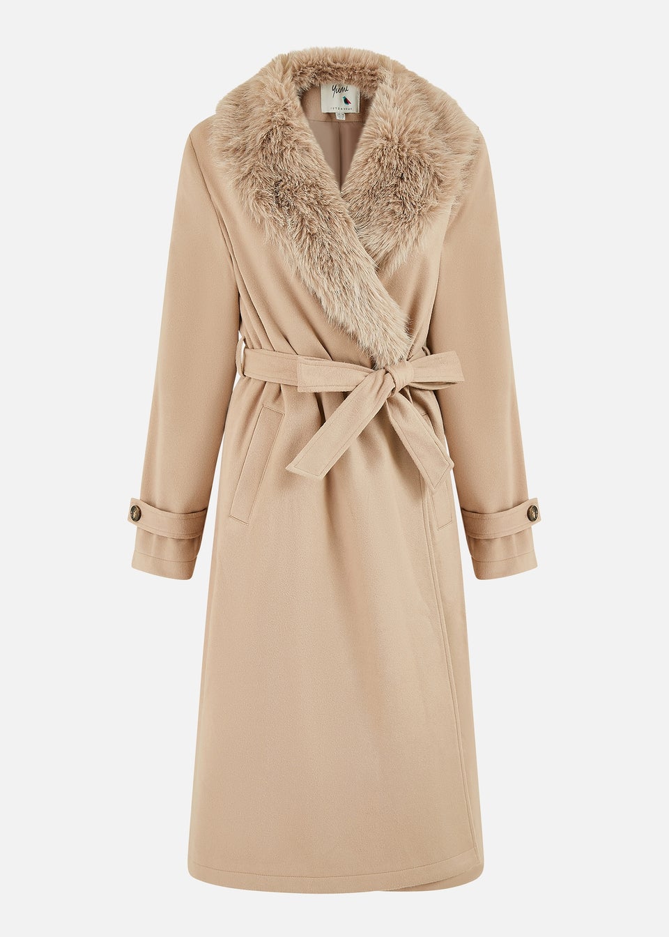 Yumi Camel Wrap Around Coat With Faux Fur Collar